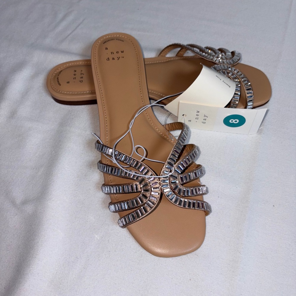 A New Day Slide Sandals 8 Tan NEW Rhinestone Square Toe Memory Foam Flat Shoes